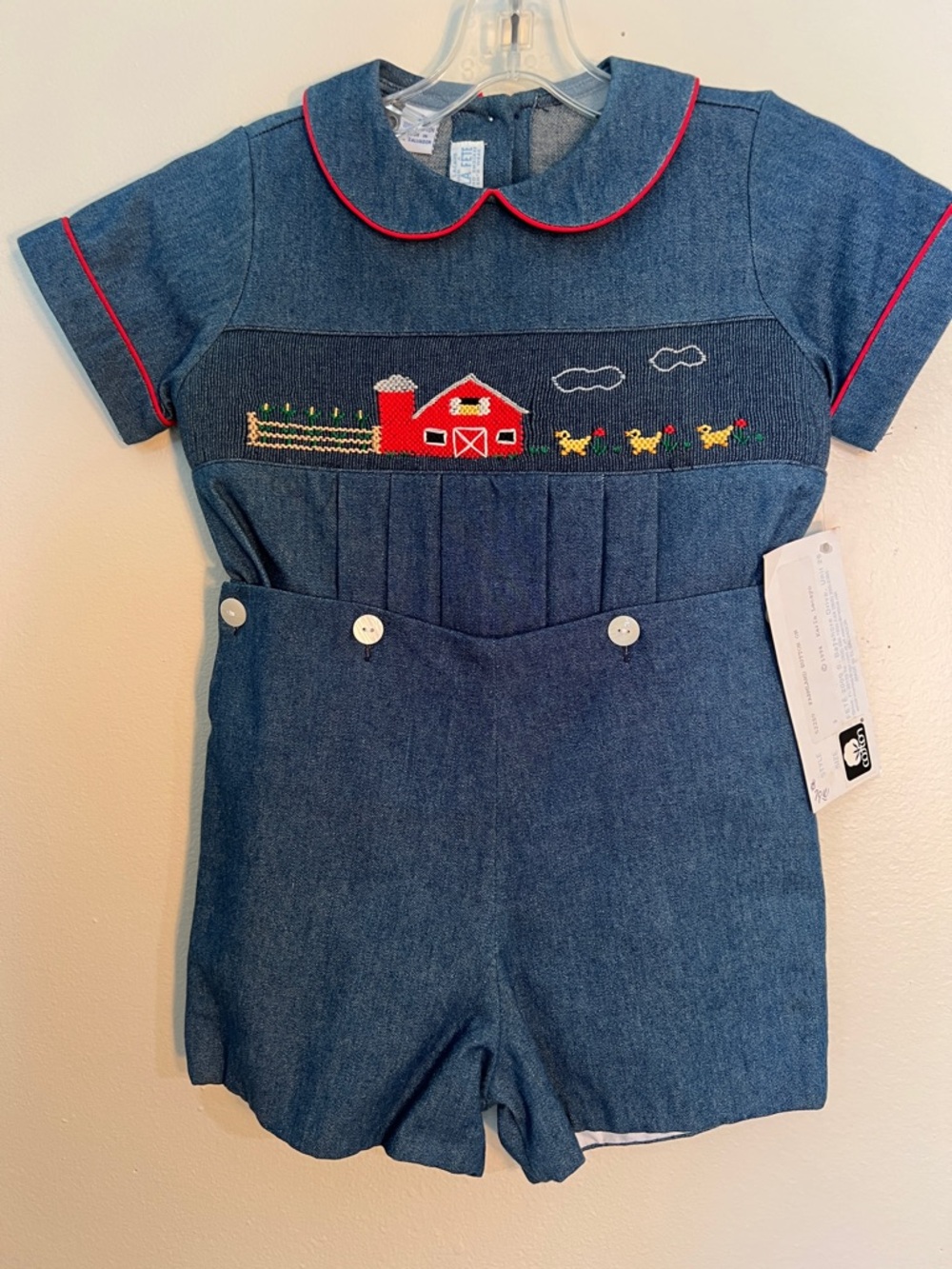 Vintage Blue Denim Superior Hand Smocking Farmland Button On Size 3